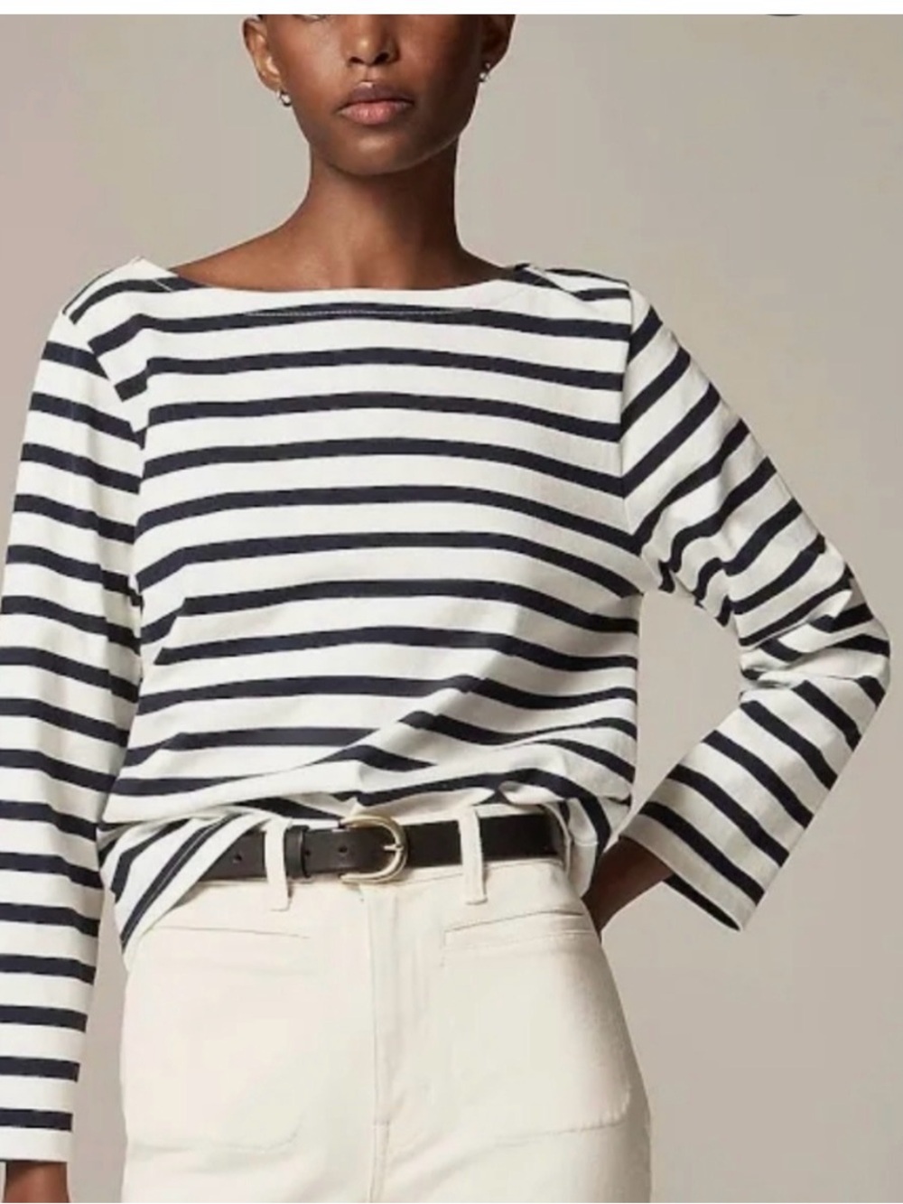 J. Crew Navy White Striped Structured Boatneck Cotton Top